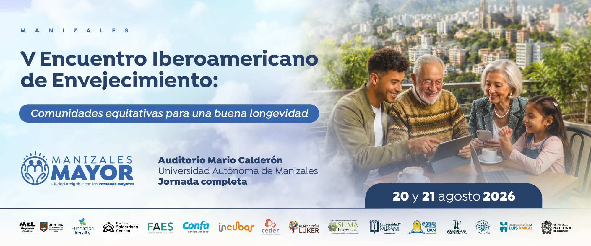 Grupo de personas reunidas donde se ve una pareja de adulto mayores, una niña y un jovén